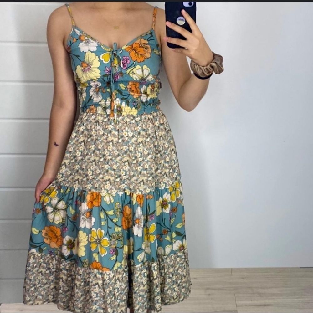 Urban Outfitters Floral Tiered Mini Dress in Teal, Yellow & Orange